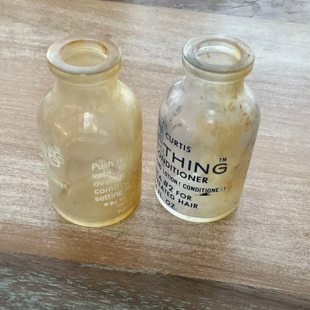Lot Of 2 Helene Curtis Glass Bottles Creme Rinse Setting Lotion Conditioner VTG
